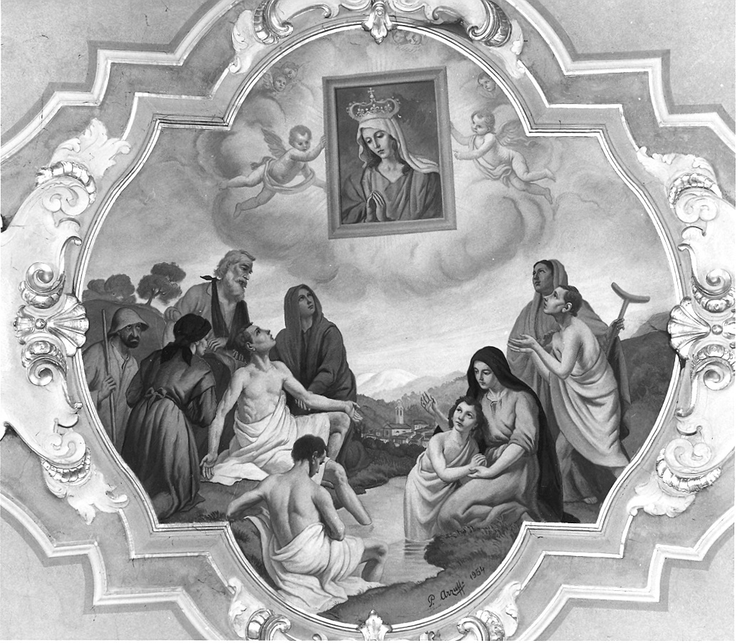 Ammalati che pregano l'immagine della Vergine (dipinto) di Arzuffi Pietro (metà sec. XX)
