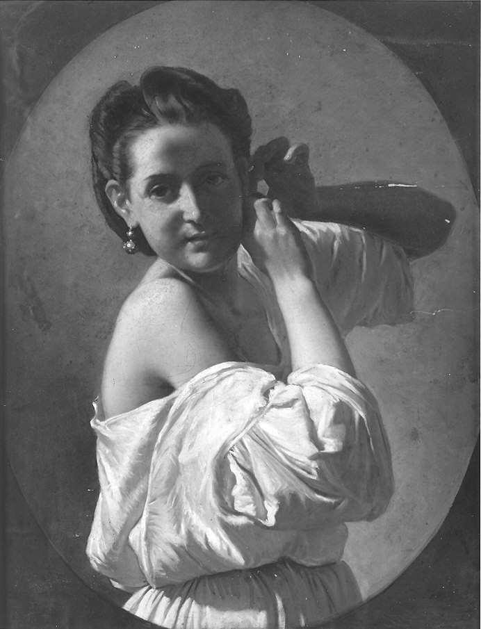 la toilette, giovane donna che si aggancia l'orecchino (dipinto) di Scherer Emilio (sec. XIX)