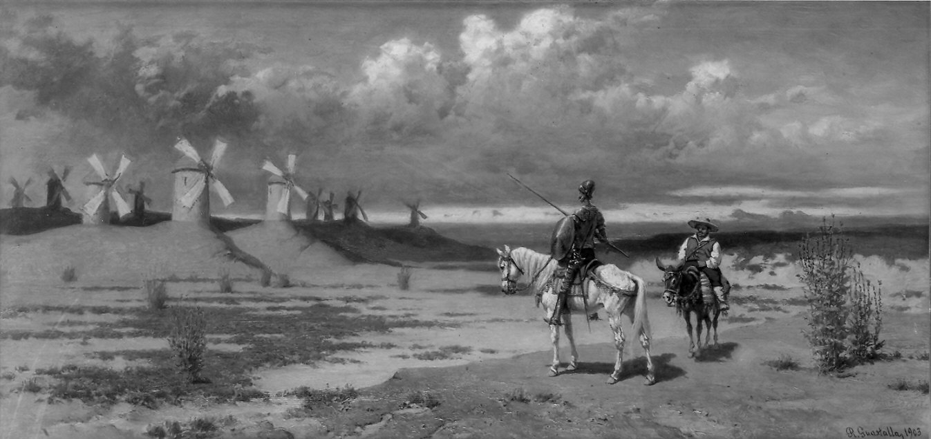 Don Chisciotte e i mulini a vento (dipinto) di Guastalla Roberto (sec. XX)