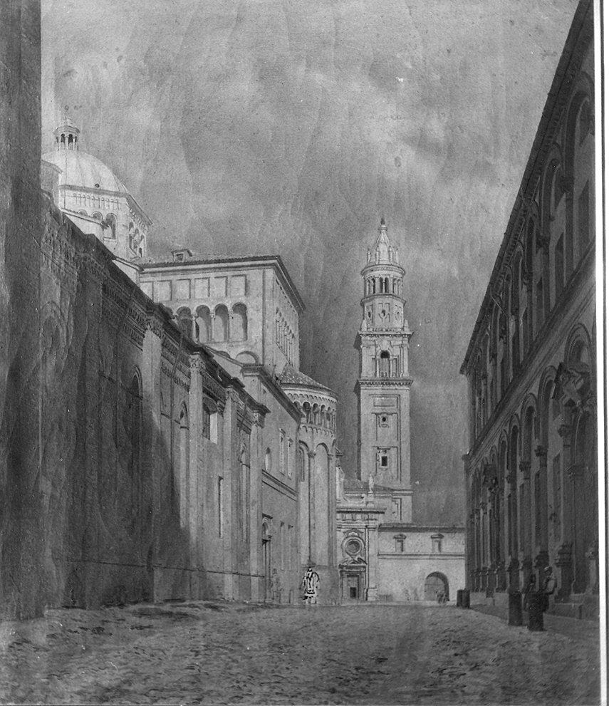 Fianco del Duomo di Parma e campanile di San Giovanni, Veduta di città (dipinto) di Marchesi Luigi (sec. XIX)
