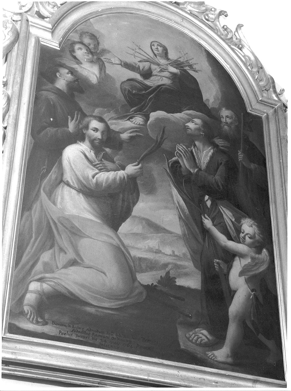 Madonna dei sette dolori con i SS. Gervaso e Protaso, Francesco e Antonio Abate (dipinto) di Ferrari Paolo (sec. XVIII)