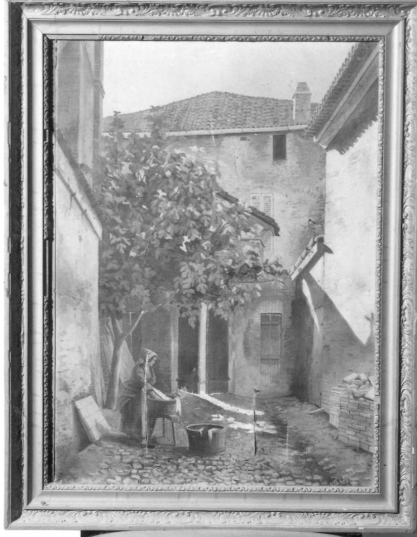 Cortile interno con lavandaia (dipinto) di Vignali Ig (sec. XIX)