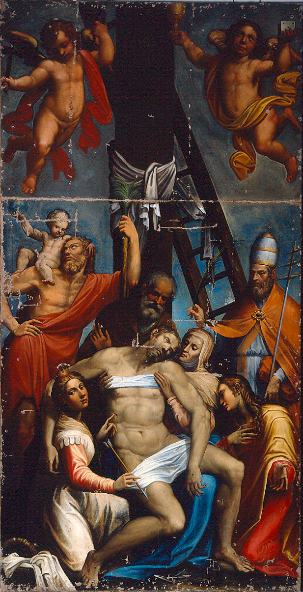 Cristo deposto dalla croce e santi (dipinto) - ambito emiliano-lombardo (seconda metà sec. XVI)