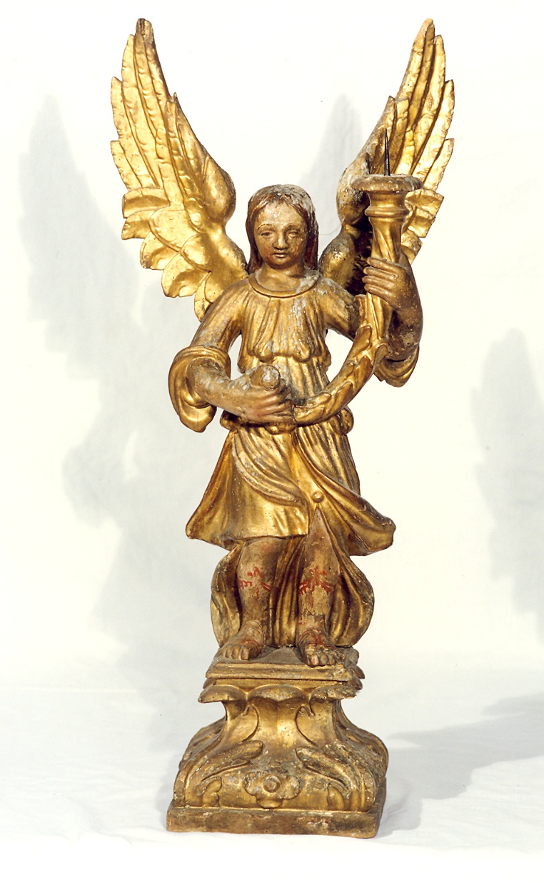 angelo reggicandelabro (statuetta portacandelabro, serie) - ambito emiliano (prima metà sec. XVII)