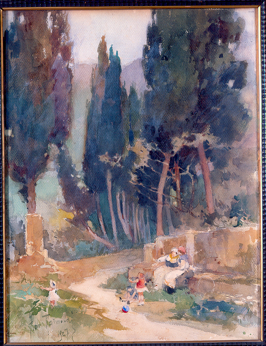 Viale di cipressi a Camogli (dipinto) di Raimondi Aldo (sec. XX)