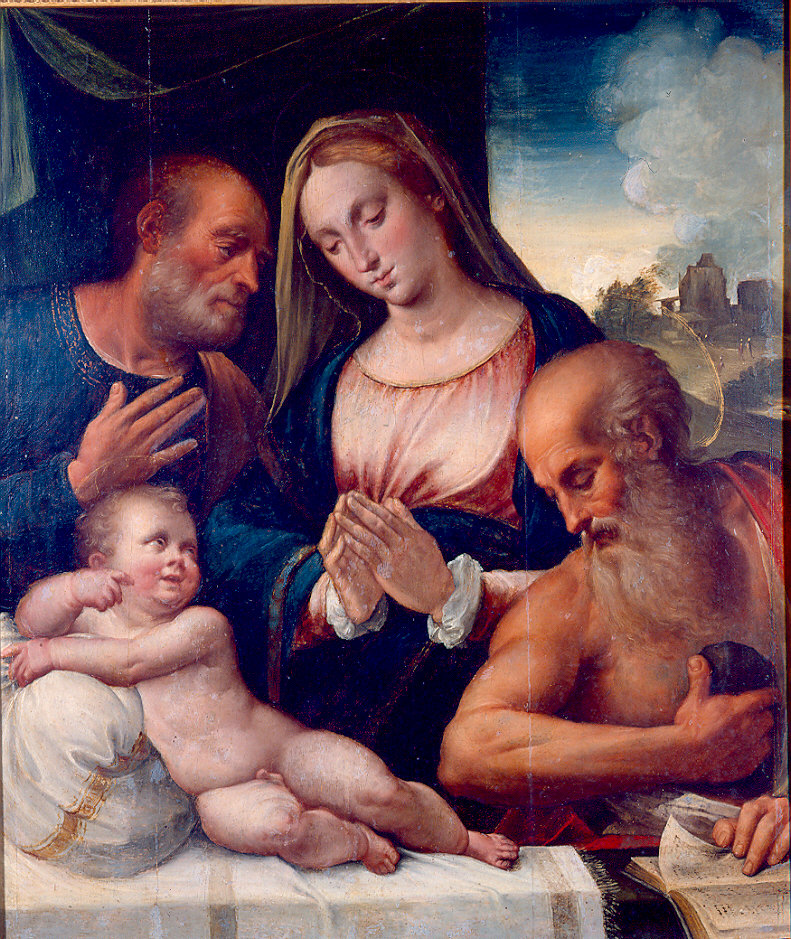 Sacra Famiglia con san Gerolamo (dipinto) di Ramenghi Bartolomeo detto Bagnacavallo senior (sec. XVI)