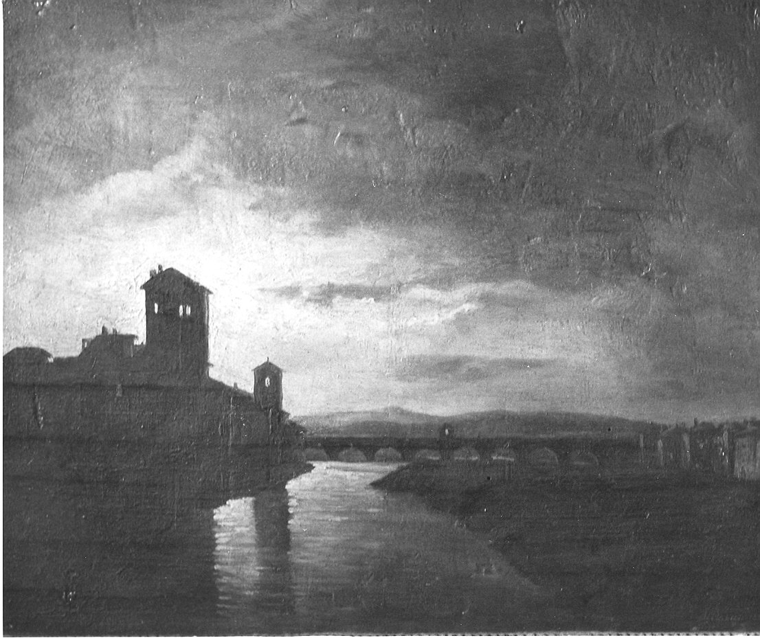 Chiesa del Carmine, presso Parma, di notte, Veduta di città (dipinto) di Pasini Alberto (sec. XIX)