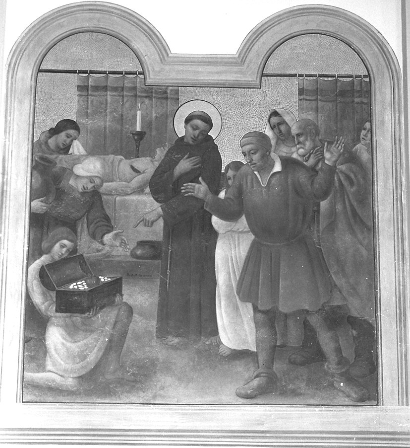 Sant'Antonio e il miracolo del cuore dell'avaro (dipinto, ciclo) di Bellotti Severino (sec. XX)