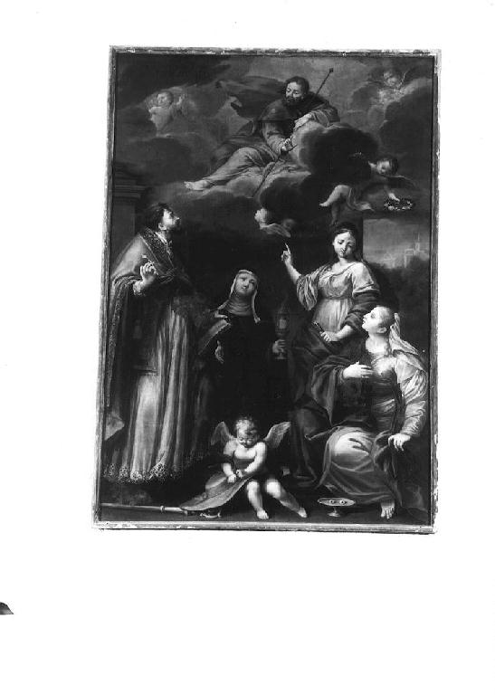 Sant'Agostino, Santa Chiara, Santa Apollonnia e Santa Lucia che venerano San Rocco in gloria (dipinto) di Dal Verme Carlo Angelo (ultimo quarto sec. XVIII)