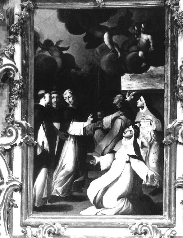 la colomba dello Spirito Santo appare ai santi domenicani Vincenzo Ferreri, Ludovico Bertrando, Beato Ambrogio Sansedoni, Caterina da Siena, Agneseda Montepulciano (pala d'altare) di Rubini Pietro (sec. XVIII)