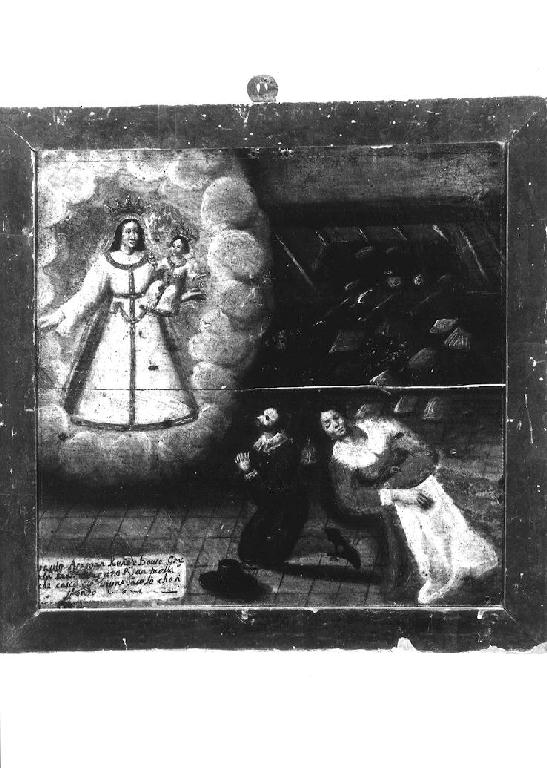 Madonna del Rosario appare a uomo inginocchiato vicino al corpo inerte diuna donna caduta dal pavimento sfondato (ex voto dipinto) - ambito parmense (sec. XVII)