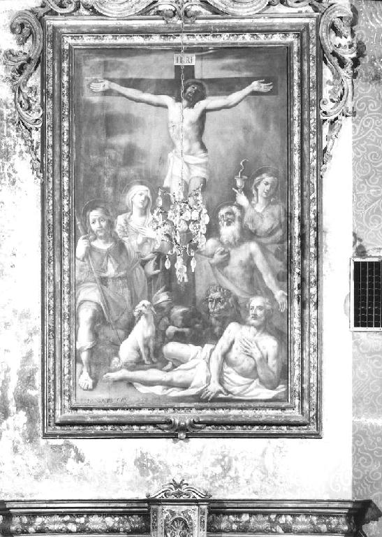 Cristo Crocifisso con San Rocco, la Madonna Addolorata, San Giovanni Evangelista, San Girolamo e un appestato (dipinto) - ambito emiliano (metà sec. XVIII)