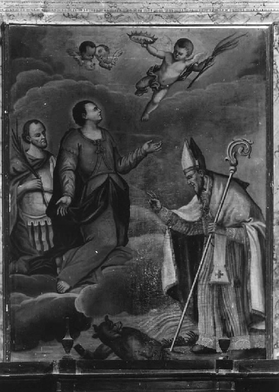 San Bernardo che scaccia il demonio mentre rompe gli argini del Po e due Santi (pala d'altare) - ambito emiliano (sec. XVIII)