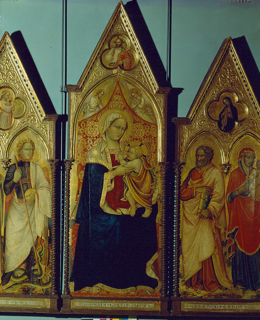 Madonna col Bambino in trono e angeli/ l'Eterno benedicente (dipinto) - ambito pisano (secc. XIV/ XV)