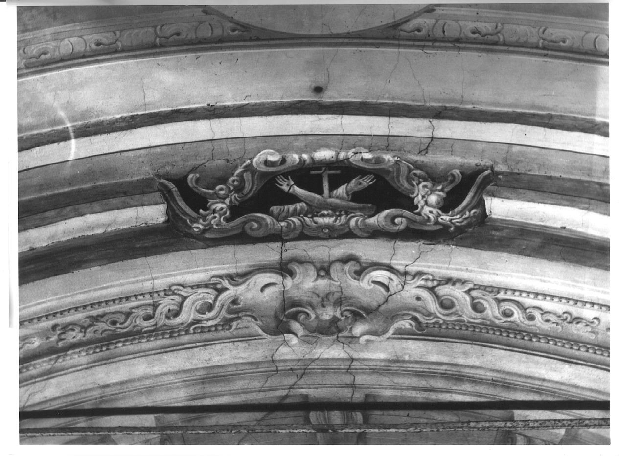 quadratura architettonica; emblema dell'ordine francescano (decorazione pittorica) - ambito piacentino (prima metà, primo quarto sec. XVII, sec. XVIII)