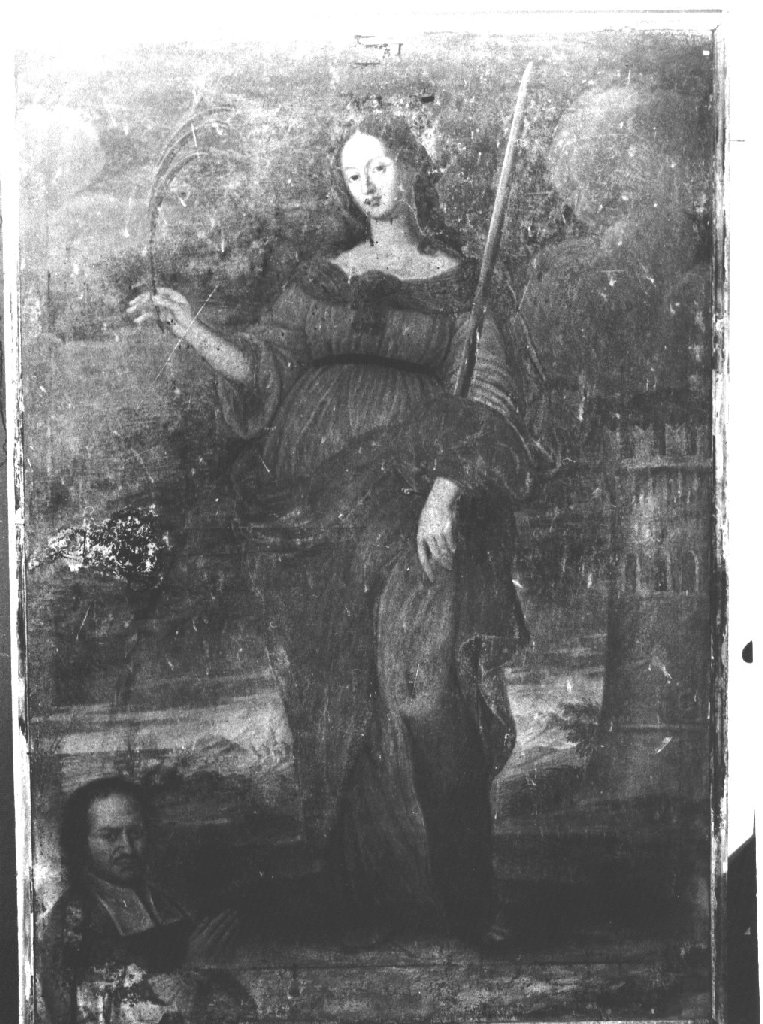S. Barbara con un devoto (dipinto, opera isolata) - ambito piacentino (sec. XVII)