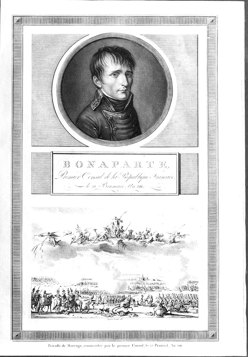 Ritratto di Napoleone Primo Console/ La battaglia di Marengo (stampa) di Levachez Charles Francois Gabriel, Duplessi Bertaux Jean (sec. XIX)