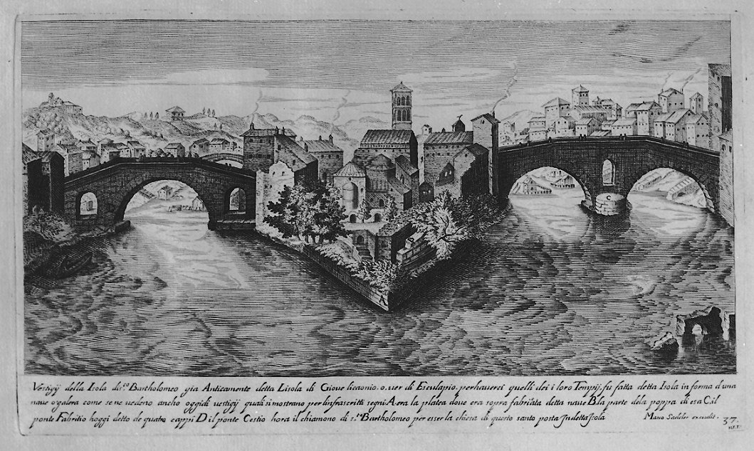 Veduta dell'Isola Tiberina a Roma (stampa, serie) di Sadeler Egidius II, Sadeler Marcus Christoph (sec. XVII)