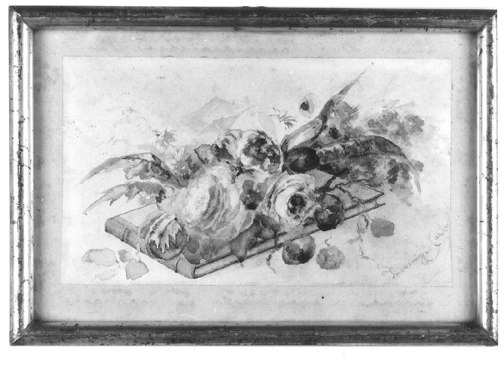 natura morta con libro e fiori (disegno, opera isolata) di Invernizzi Carlo - ambito lombardo (terzo quarto sec. XIX)