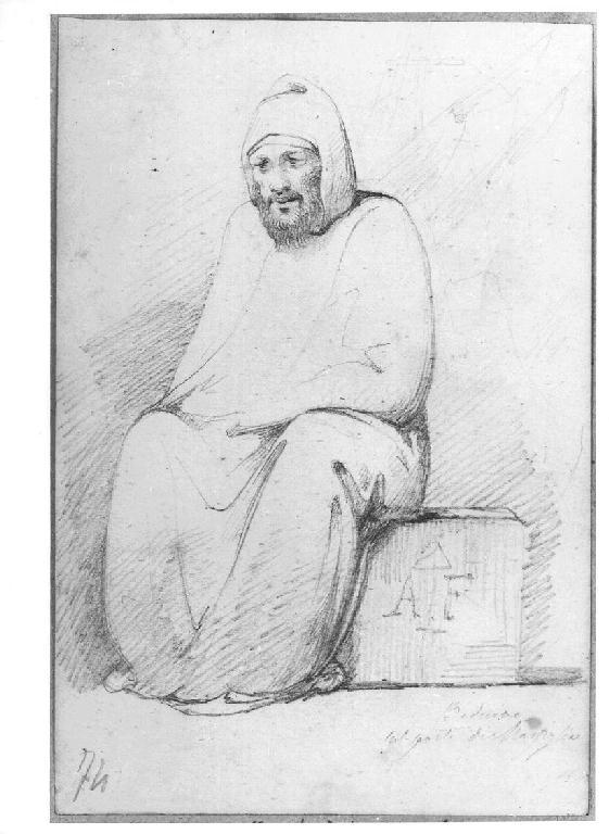 Figura maschile incappucciata seduta, figura maschile (disegno, opera isolata) di Levi Gioacchino (metà sec. XIX)