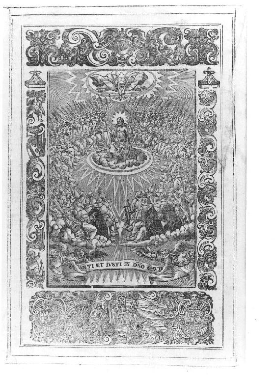 Gloria di santi e martiri con al centro Gesù Cristo in trono; episodio di Muzio Scevola (stampa) - ambito italiano (sec. XVII)