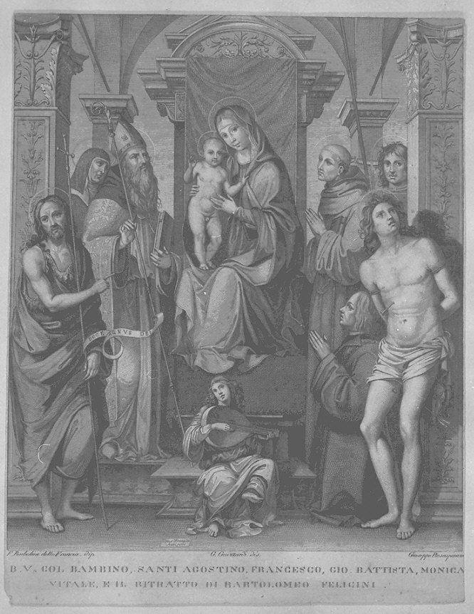 Madonna con Bambino e santi (stampa) di Rosaspina Giuseppe, Raibolini Francesco detto Francia, Guizzardi Giuseppe (inizio sec. XIX)