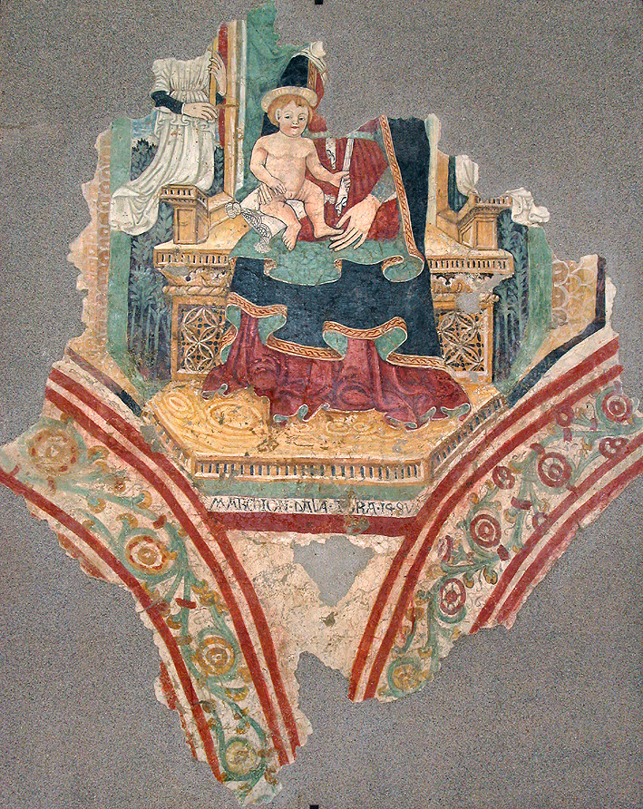 Madonna con Bambino in trono tra due angeli reggicandelabro (dipinto) - ambito parmense (sec. XV)