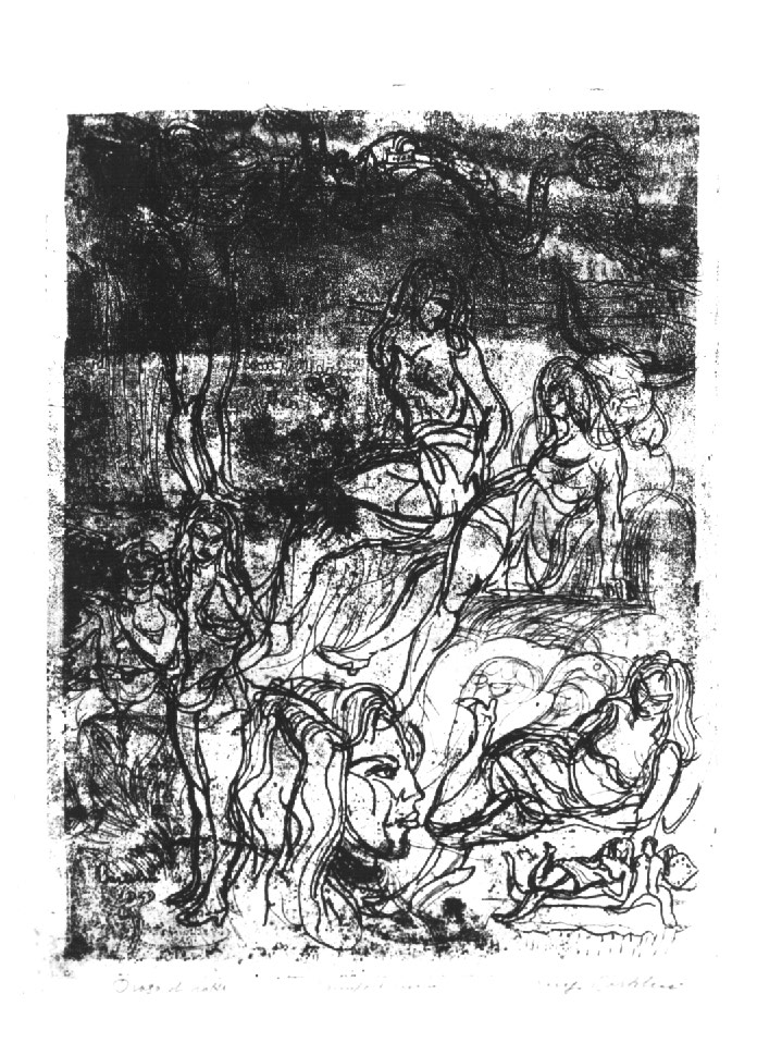 drago di notte, figure femminili con drago (stampa) - ambito Italia nord-orientale (sec. XX)