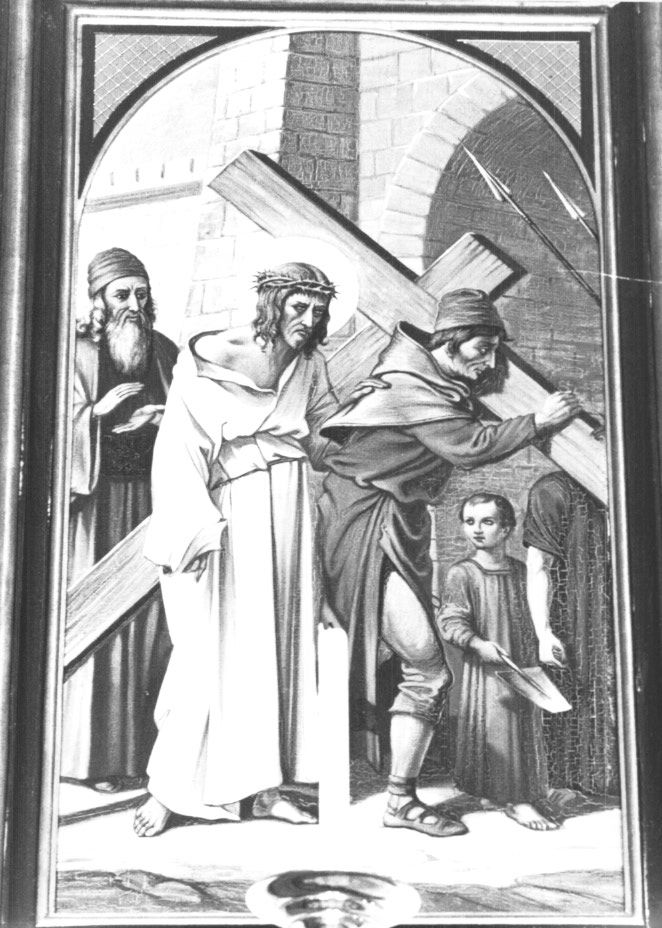 Stazione V: Gesù aiutato dal Cireneo a portare la croce (dipinto) - ambito Italia nord-orientale (sec. XX)