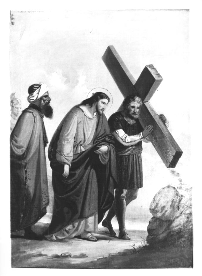 Stazione V: Gesù aiutato dal Cireneo a portare la croce (dipinto) - ambito Italia nord-orientale (sec. XIX)