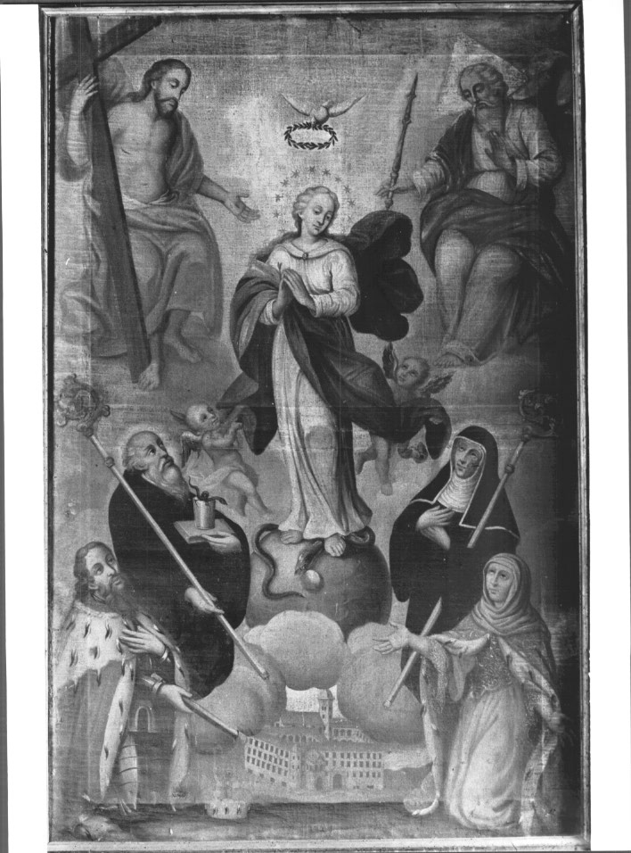 Madonna Immacolata con la Trinità e Santi (dipinto) - ambito Italia nord-orientale (seconda metà sec. XVI, sec. XIX)