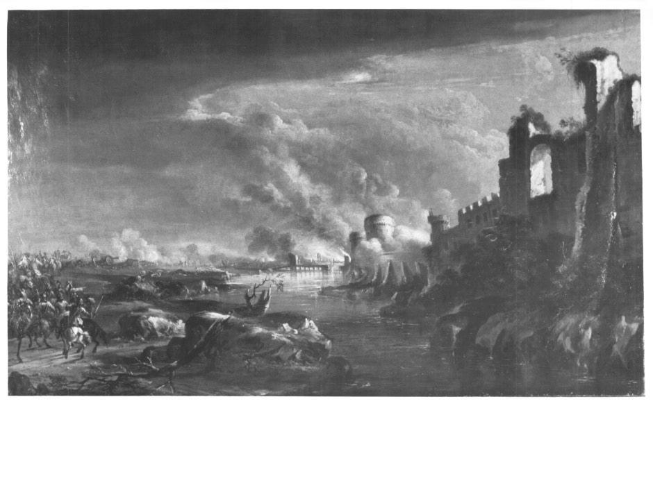 assedio e incendio di un castello (dipinto) - ambito europeo (seconda metà sec. XIX)