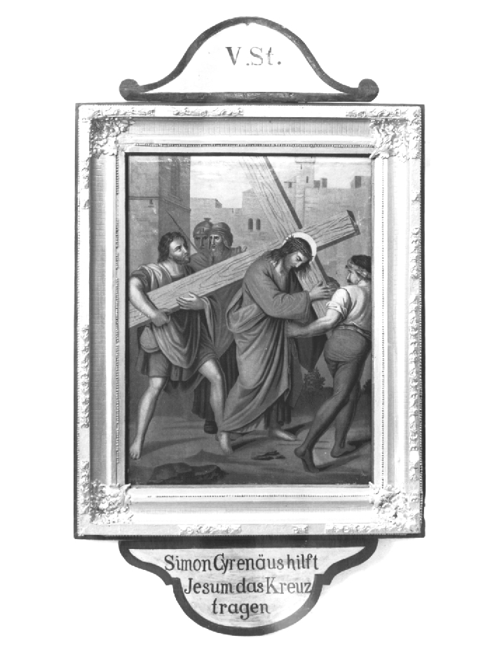Stazione V: Gesù aiutato dal Cireneo a portare la croce (dipinto) - ambito austriaco (prima metà sec. XX)