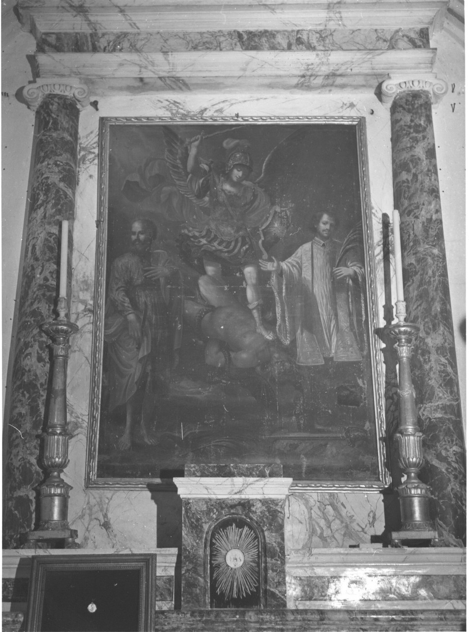 San Michele Arcangelo schiaccia il demonio tra San Faustino e San Giovita (dipinto, opera isolata) - ambito ligure (fine/inizio secc. XVIII/ XIX)