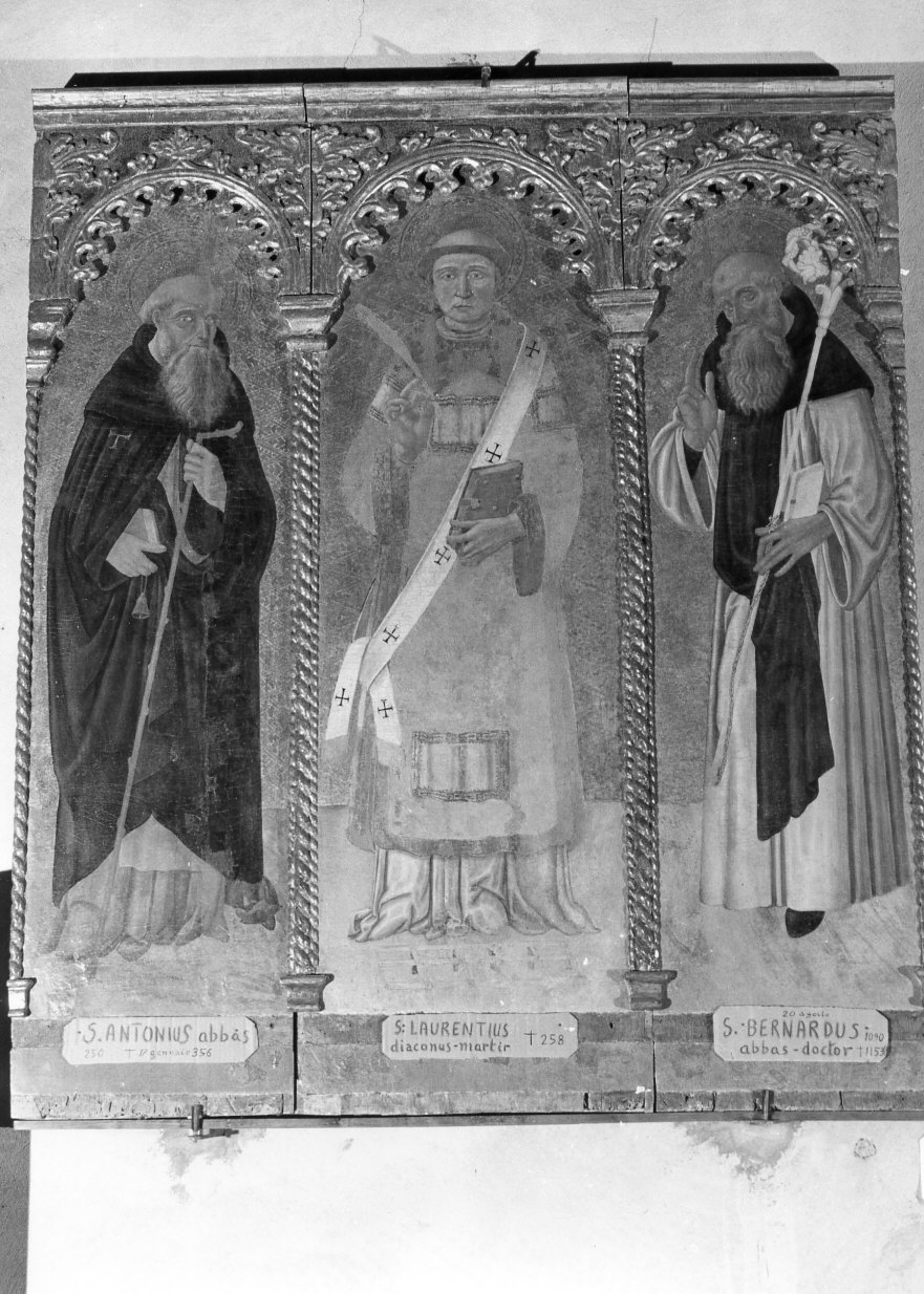San Lorenzo tra Sant'Antonio Abate e San Bernardo (trittico, opera isolata) - ambito italiano (sec. XV)