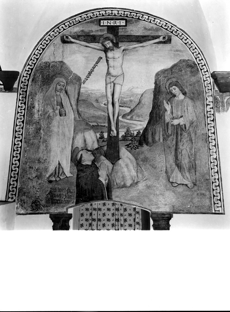 crocifissione di Cristo con la Madonna, San Giovanni Evangelista e San Tommaso d'Aquino (dipinto, opera isolata) di Brea Ludovico (sec. XV)