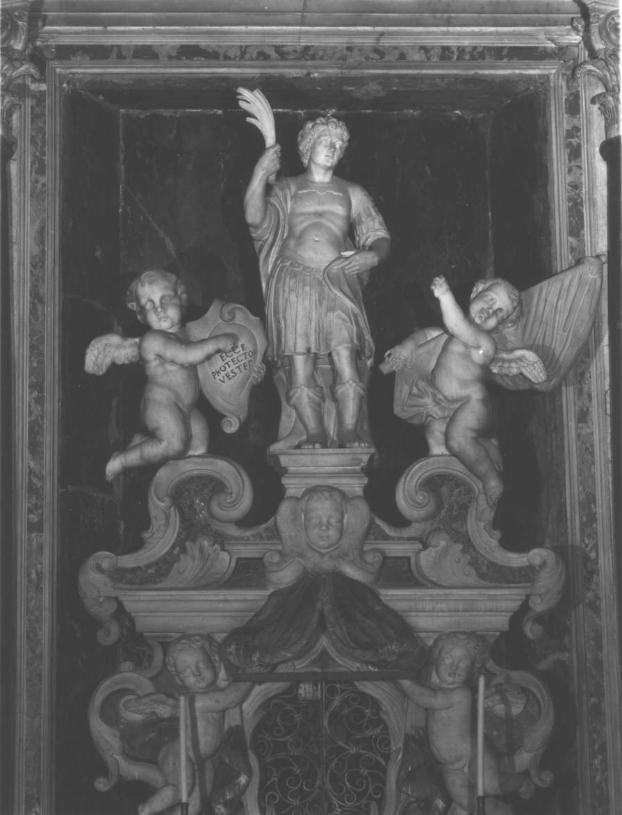 San Secondo in gloria/ putto con scudo/ putto con vessillo (gruppo scultoreo, elemento d'insieme) - bottega ligure (secc. XVII/ XVIII)