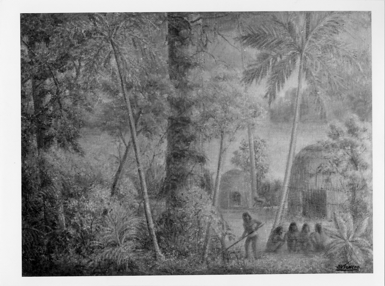 Villaggio dei Tupinambà, paesaggio con figure (dipinto, opera isolata) di Trucco Manlio (sec. XX)