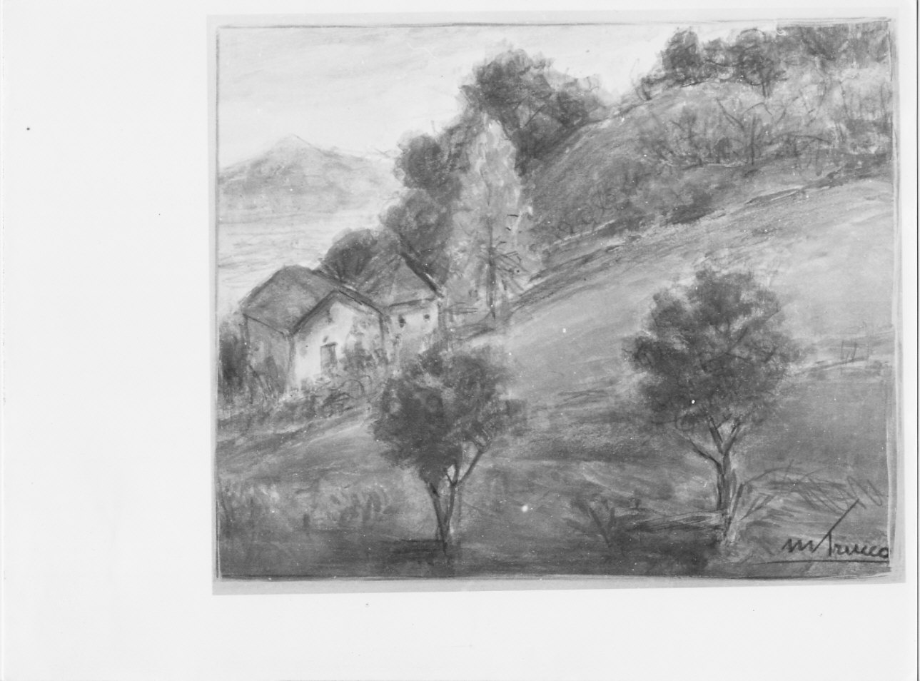 Casetta in collina, paesaggio rurale (dipinto, opera isolata) di Trucco Manlio (sec. XX)