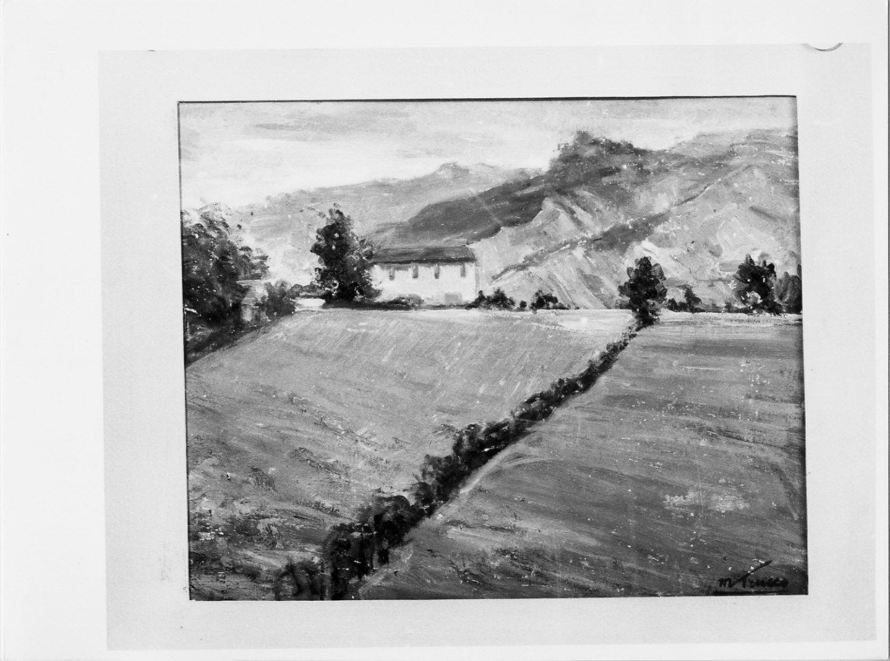 Merana, Prato e casetta, paesaggio rurale (dipinto, opera isolata) di Trucco Manlio (sec. XX)