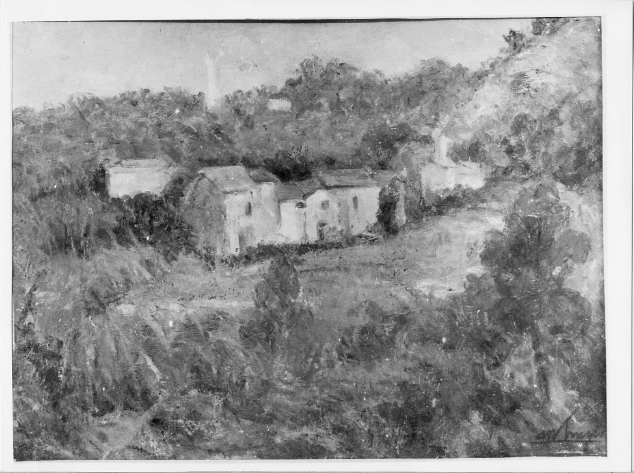 Case sotto Aricchetto, paesaggio rurale (dipinto, opera isolata) di Trucco Manlio (sec. XX)