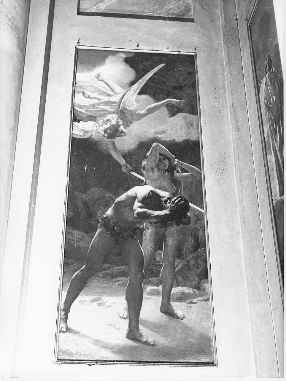 cacciata di Adamo ed Eva dal paradiso terrestre (dipinto, opera isolata) di Viazzi Cesare (fine sec. XIX)