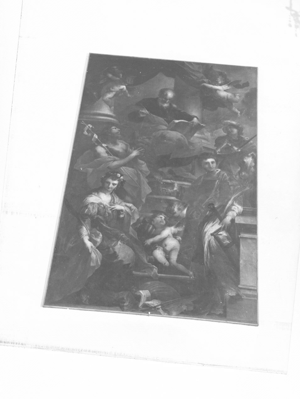 San Marco scrive il vangelo tra San Lorenzo, San Giorgio, San Giovanni Battista e Santa Cecilia (dipinto, opera isolata) di Castello Valerio (metà sec. XVII)