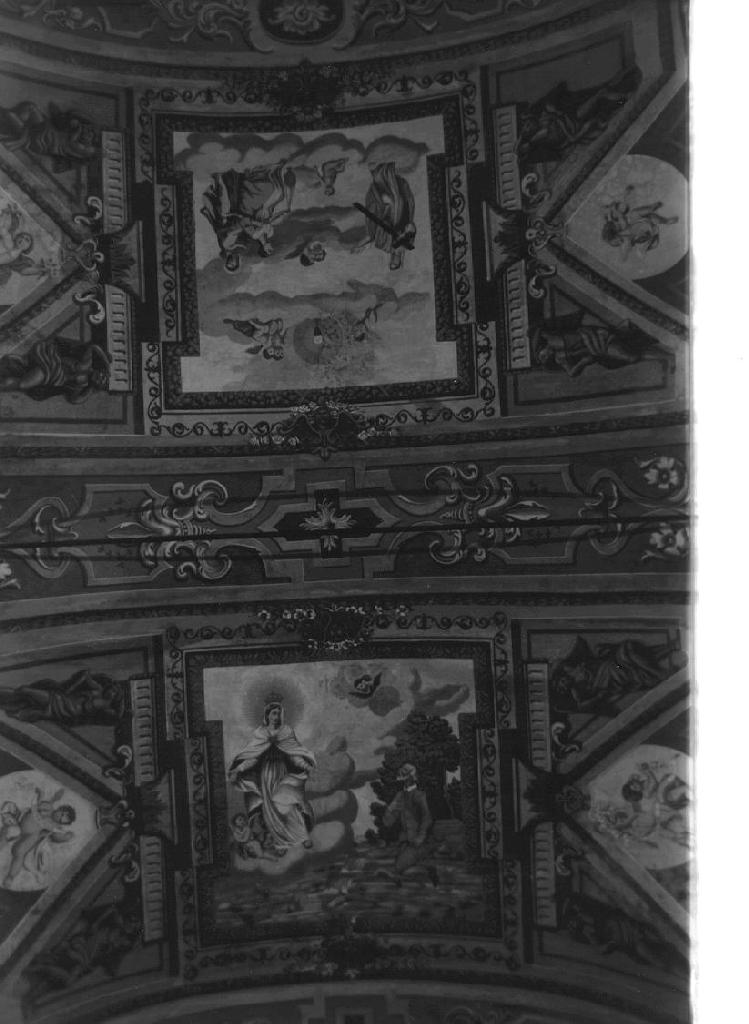 Virtù Teologali in adorazione del Santissimo Sacramento/ Madonna della Misericordia (decorazione pittorica, elemento d'insieme) di Buffaria Giuseppe (primo quarto sec. XX)