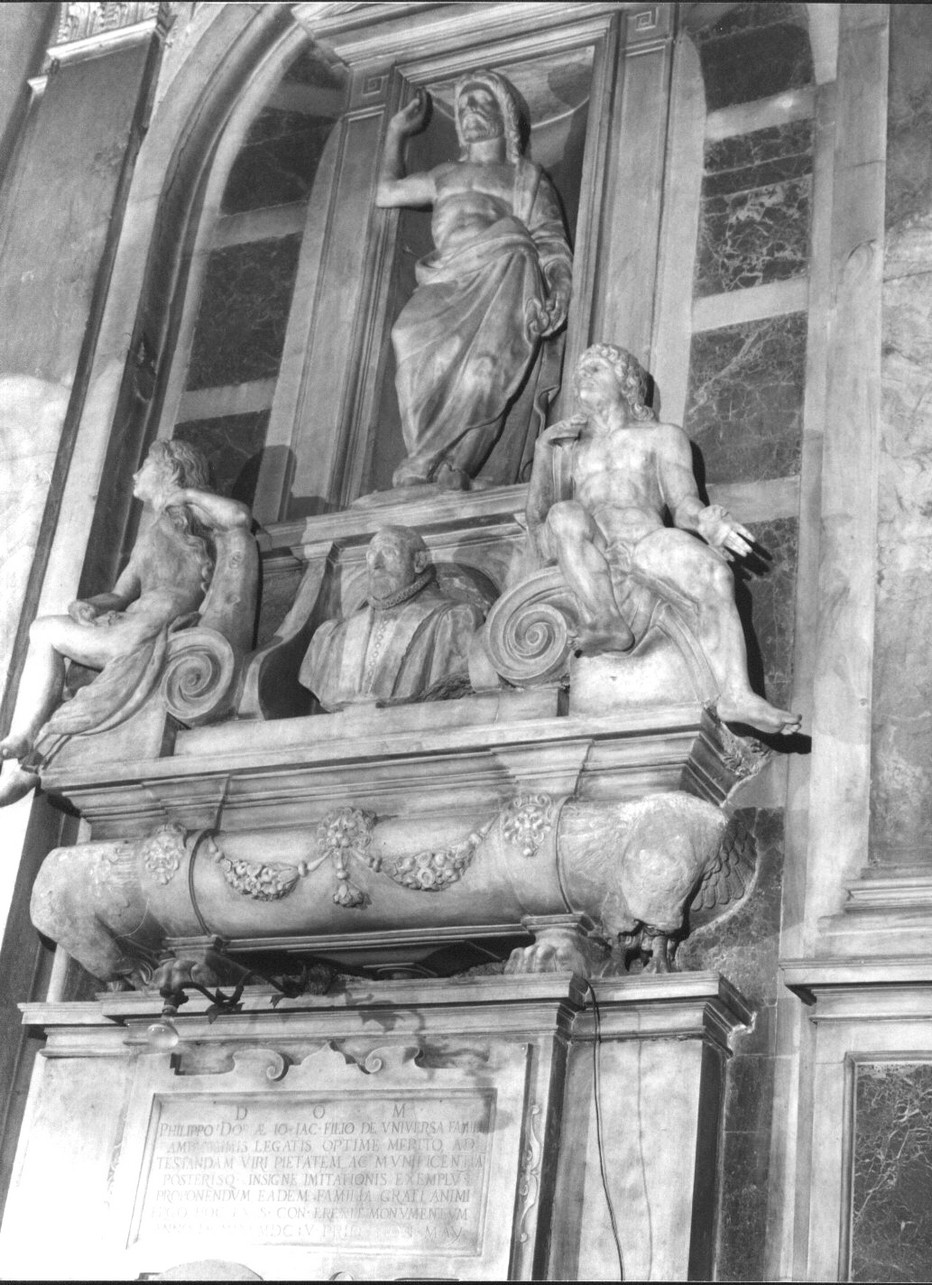 Cristo risorto/ ritratto di Filippo Doria/ figure allegoriche (monumento funebre, opera isolata) di Carlone Taddeo (e aiuti) (sec. XVII)