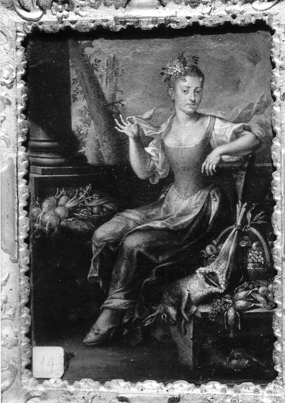 giovane donna con frutta, cacciagione e verdura (dipinto, opera isolata) - ambito veneto (sec. XVIII)