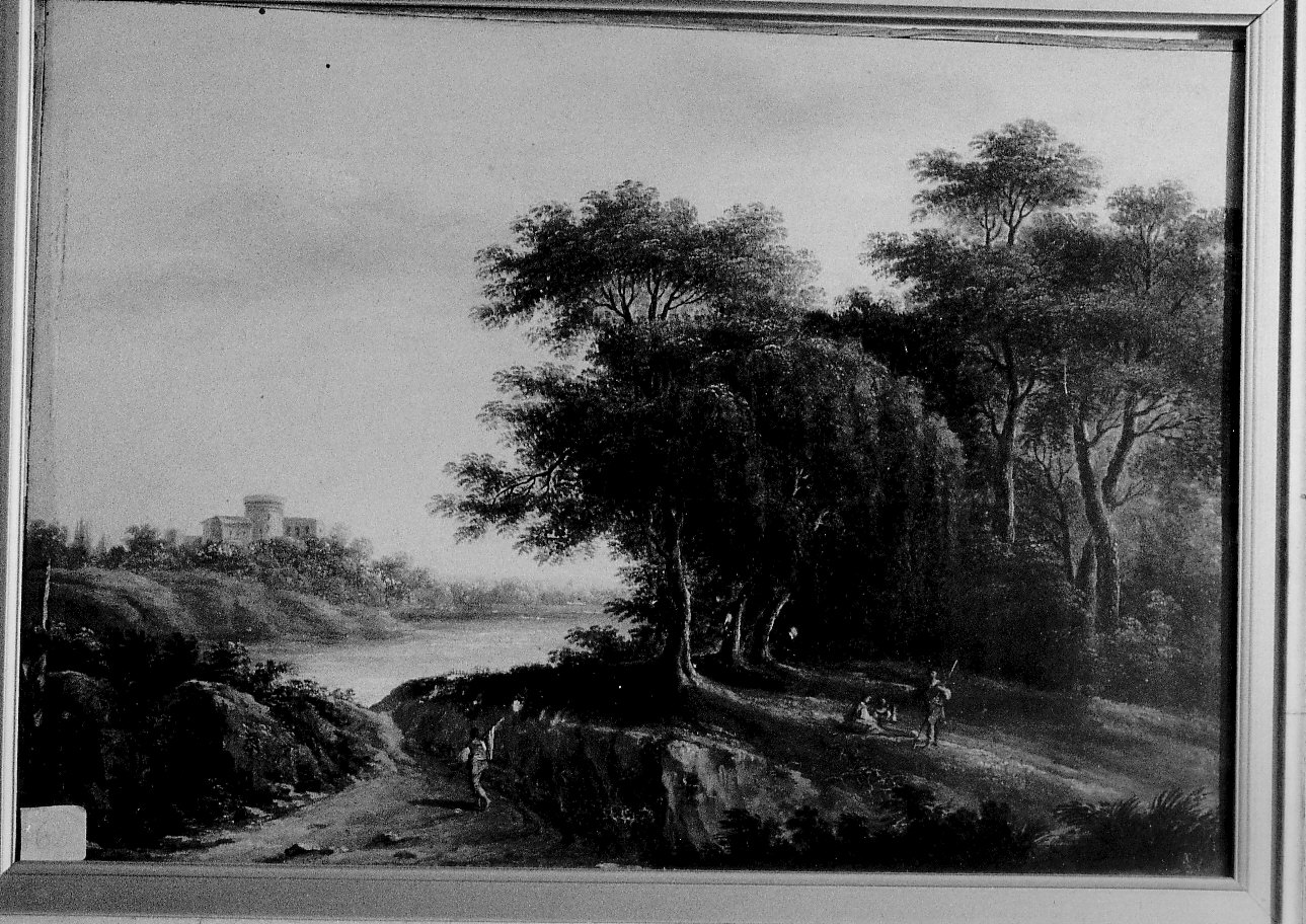 paesaggio fluviale alberato con figurette (dipinto, opera isolata) - ambito romano (sec. XVIII)