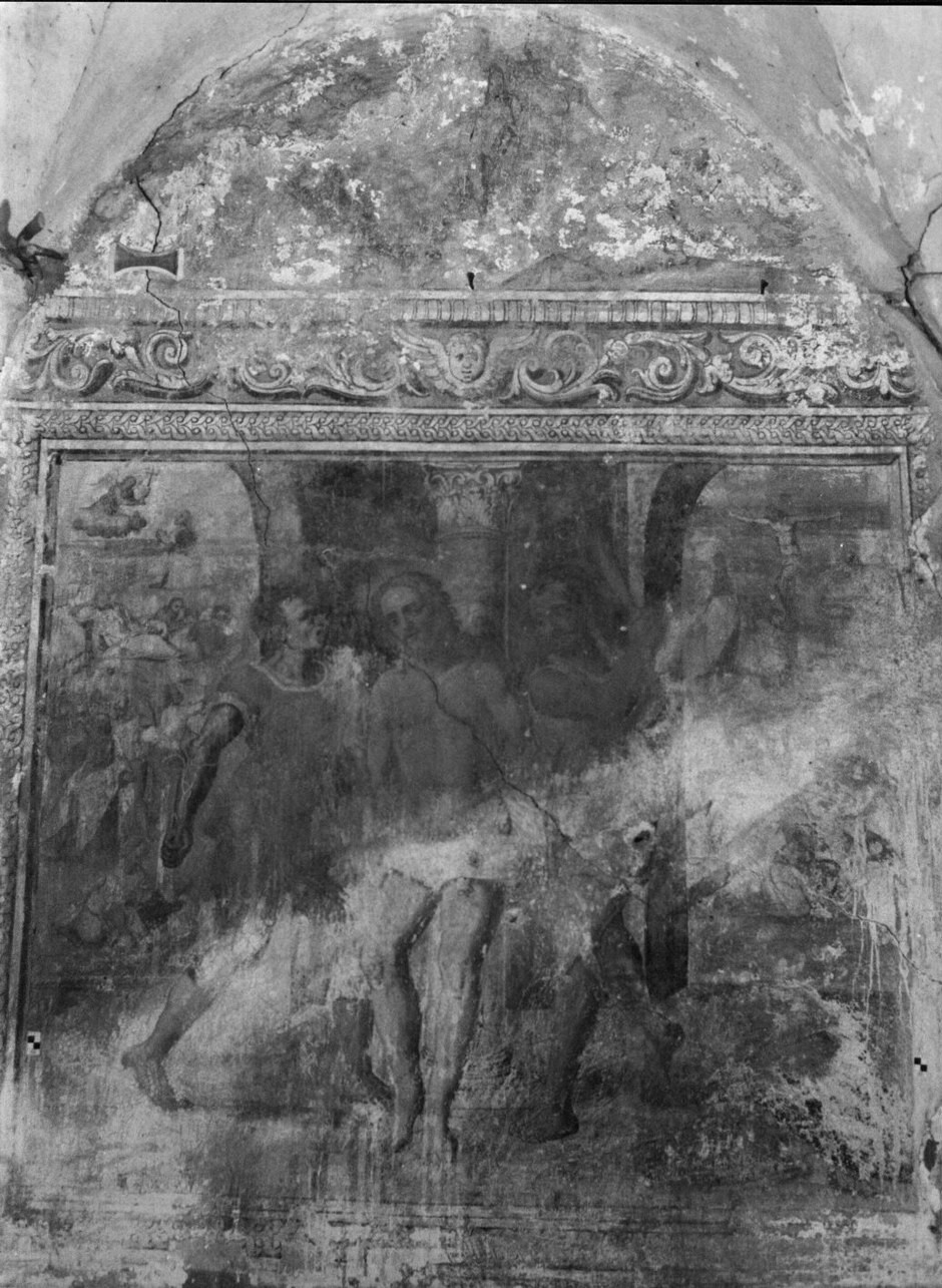 flagellazione di Cristo con scene della passione/ resurrezione di Cristo (dipinto, opera isolata) - ambito genovese (terzo quarto sec. XVI)