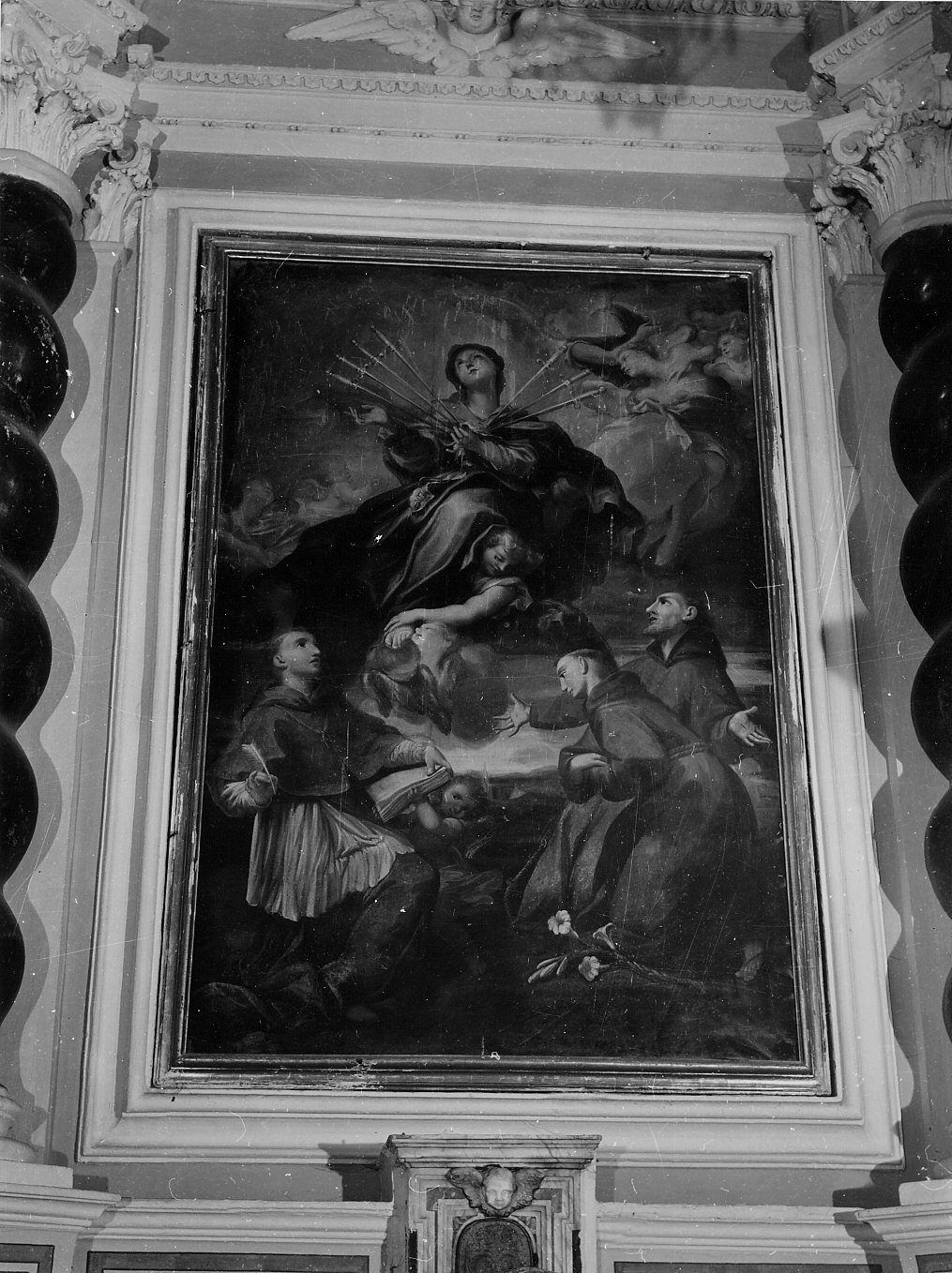 Madonna Addolorata con San Bernardo, San Francesco e Sant' Antonio da Padova (dipinto, insieme) di De Ferrari Gregorio (seconda metà sec. XVII)