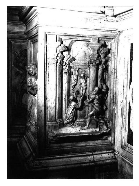 San Domenico sfugge miracolosamente ad un attentato (rilievo) di Casella Daniele, Quadro Anselmo (terzo quarto sec. XVII)